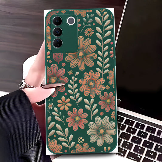 Vivo V27e Cover - Dark Green - D4 - ONation Floral Series - HQ Liquid Silicone Soft Case