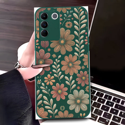 Vivo V27e Cover - Dark Green - D4 - ONation Floral Series - HQ Liquid Silicone Soft Case