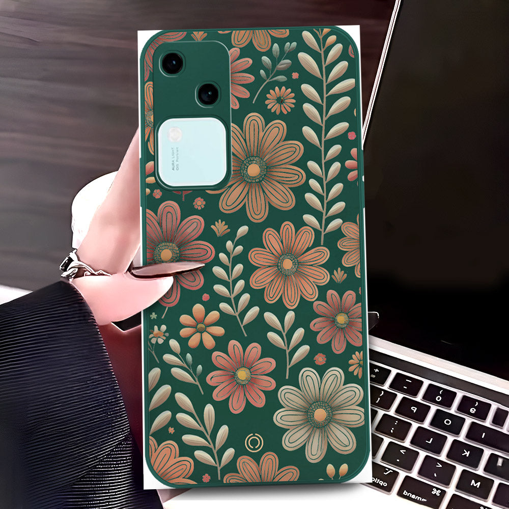 Vivo V30 Cover - Dark Green - D4 - ONation Floral Series - HQ Liquid Silicone Soft Case
