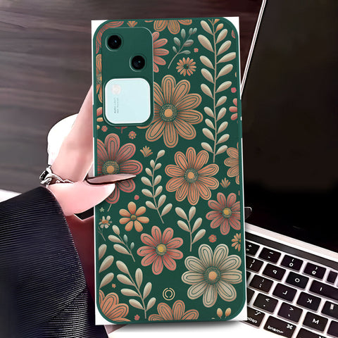Vivo V30 Cover - Dark Green - D4 - ONation Floral Series - HQ Liquid Silicone Soft Case