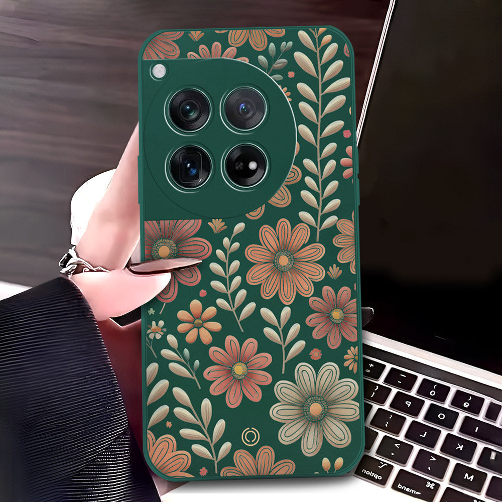 OnePlus 12 Cover - Dark Green - D4 - ONation Floral Series - HQ Liquid Silicone Soft Case