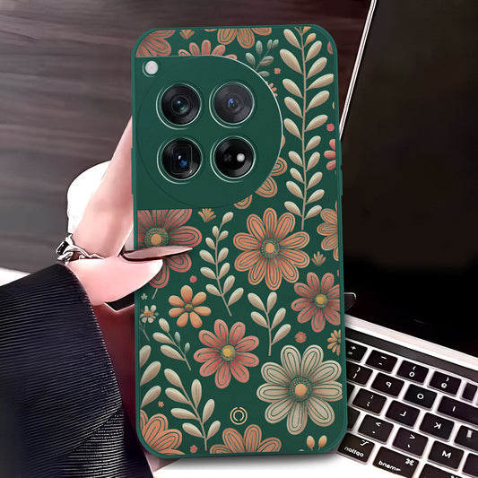 OnePlus 12 Cover - Dark Green - D4 - ONation Floral Series - HQ Liquid Silicone Soft Case