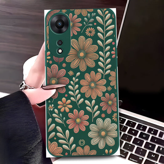 Oppo A58 4G Cover - Dark Green - D4 - ONation Floral Series - HQ Liquid Silicone Soft Case