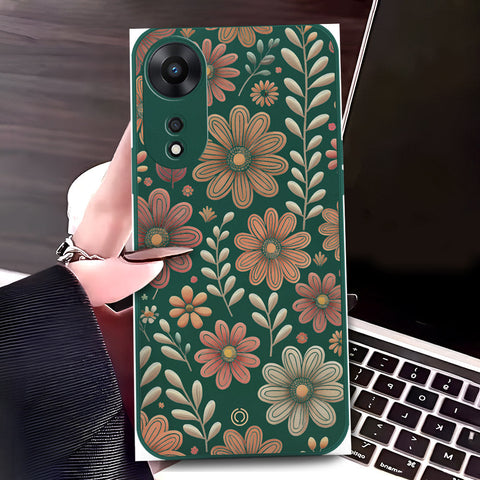 Oppo A58 4G Cover - Dark Green - D4 - ONation Floral Series - HQ Liquid Silicone Soft Case