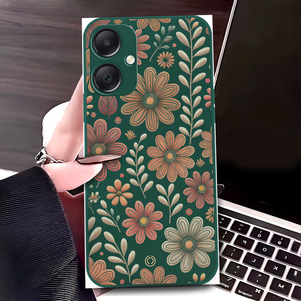 Samsung Galaxy A05 Cover - Dark Green - D4 - ONation Floral Series - HQ Liquid Silicone Soft Case