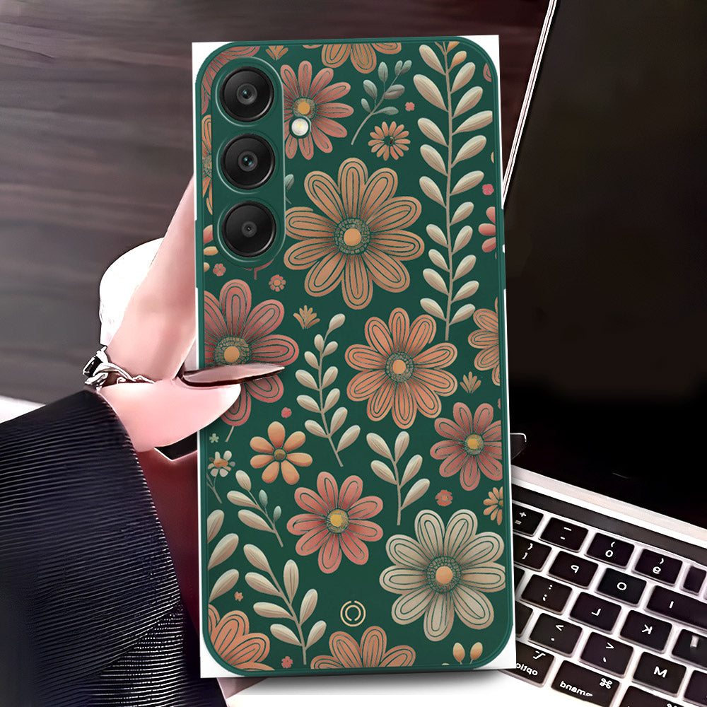 Samsung Galaxy S24 Plus Cover - Dark Green - D4 - ONation Floral Series - HQ Liquid Silicone Soft Case