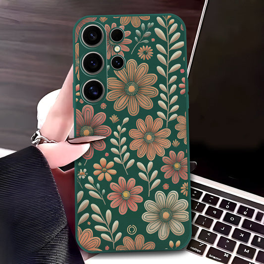 Samsung Galaxy S24 Ultra Cover - Dark Green - D4 - ONation Floral Series - HQ Liquid Silicone Soft Case
