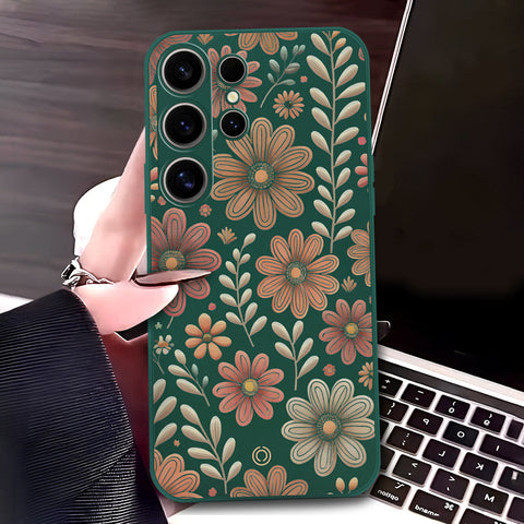 Samsung Galaxy S24 Ultra Cover - Dark Green - D4 - ONation Floral Series - HQ Liquid Silicone Soft Case