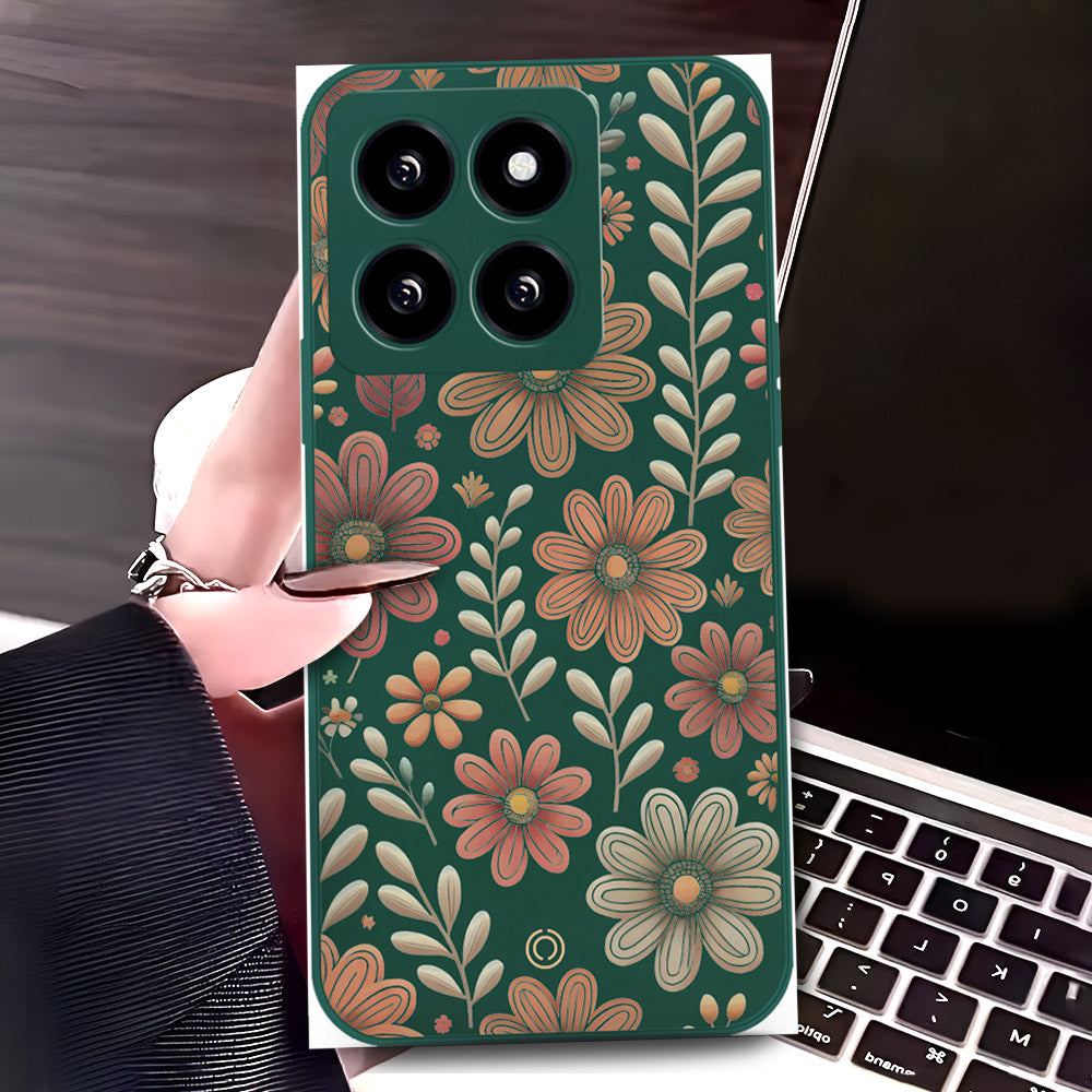Xiaomi 14 Cover - Dark Green - D4 - ONation Floral Series - HQ Liquid Silicone Soft Case