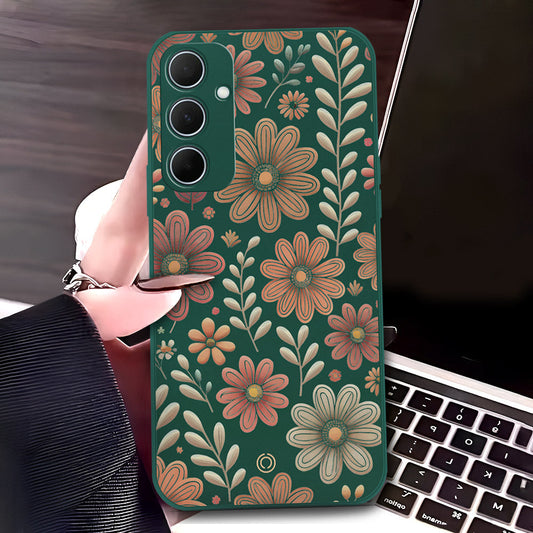 Samsung Galaxy A35 Cover - Dark Green - D4 - ONation Floral Series - HQ Liquid Silicone Soft Case