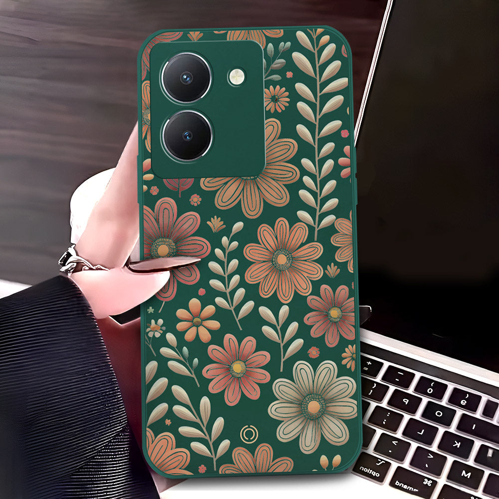 Vivo Y36 5G Cover - Dark Green - D4 - ONation Floral Series - HQ Liquid Silicone Soft Case