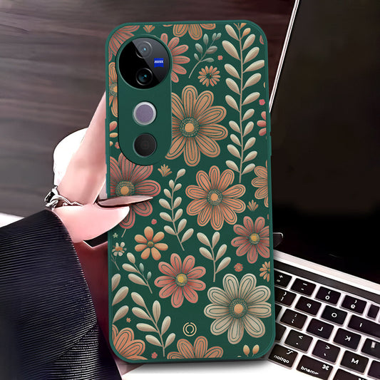 Vivo V40 Pro Cover - Dark Green - D4 - ONation Floral Series - HQ Liquid Silicone Soft Case