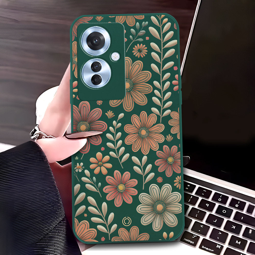 Oppo Reno 11F 5G Cover - Dark Green - D4 - ONation Floral Series - HQ Liquid Silicone Soft Case