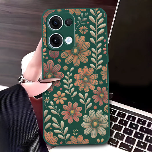 Oppo Reno 13 Cover - Dark Green - D4 - ONation Floral Series - HQ Liquid Silicone Soft Case