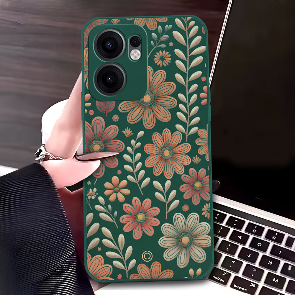 Oppo Reno 13F 4G Cover - Dark Green - D4 - ONation Floral Series - HQ Liquid Silicone Soft Case