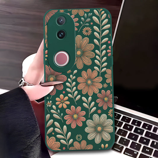 Vivo V50 Cover - Dark Green - D4 - ONation Floral Series - HQ Liquid Silicone Soft Case