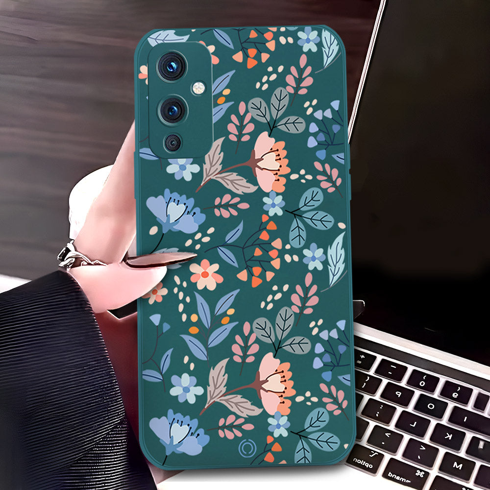 OnePlus 9 Cover - Dark Green - D1 - ONation Floral Series - HQ Liquid Silicone Soft Case
