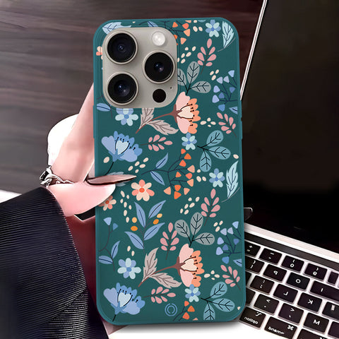 iPhone 15 Pro Max Cover - Dark Green - D1 - ONation Floral Series - HQ Liquid Silicone Soft Case