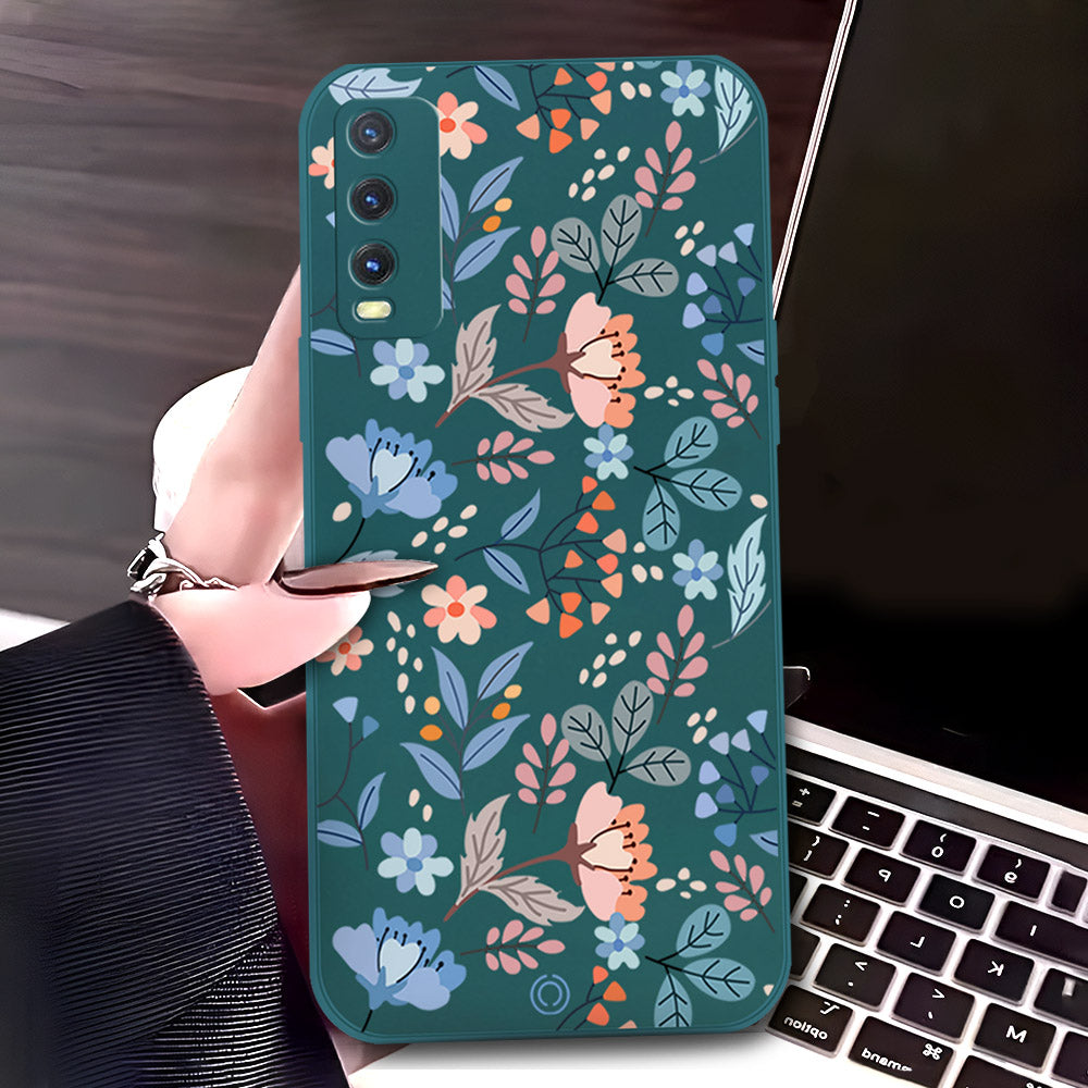 Vivo Y20T Cover - Dark Green - D1 - ONation Floral Series - HQ Liquid Silicone Soft Case