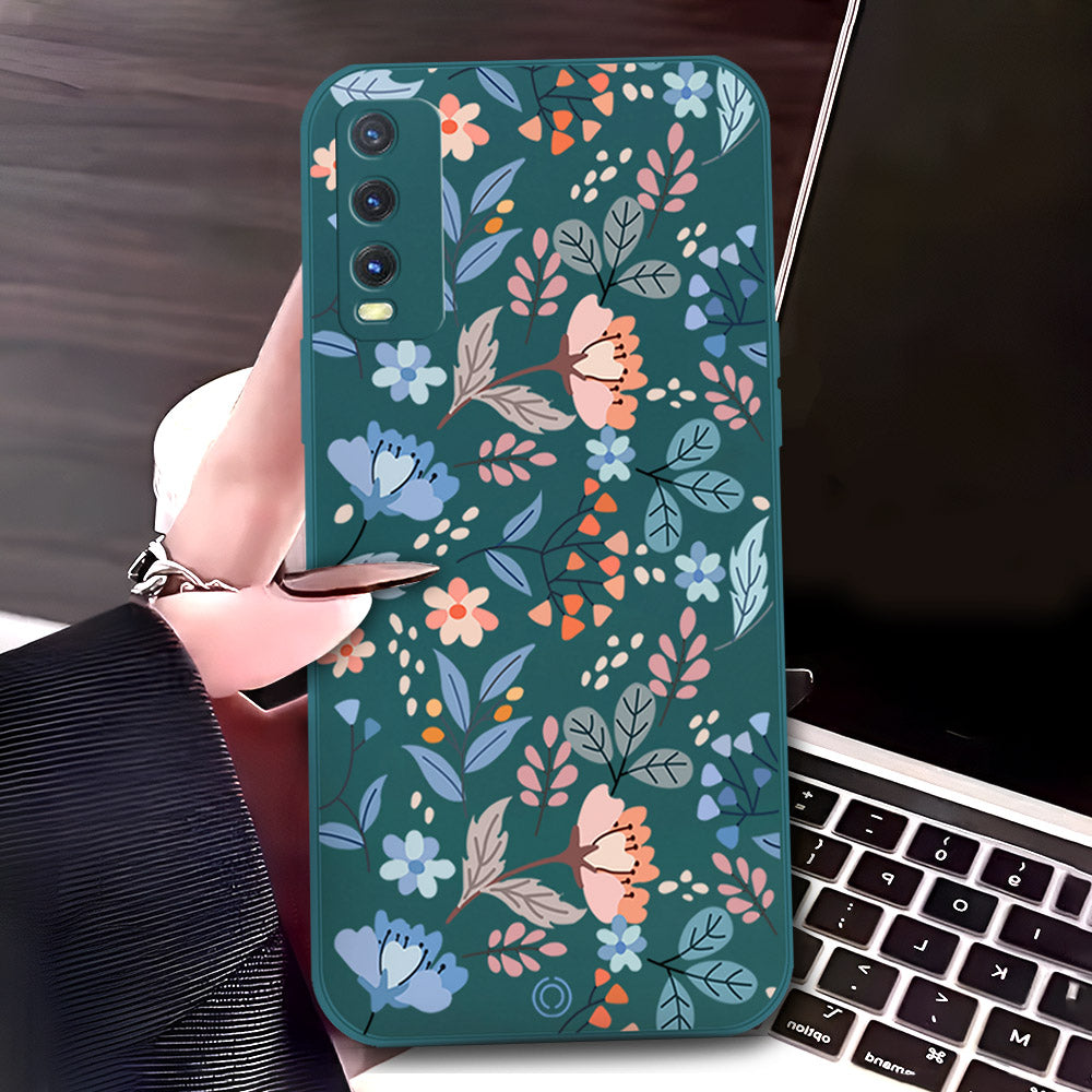 Vivo Y20i Cover - Dark Green - D1 - ONation Floral Series - HQ Liquid Silicone Soft Case