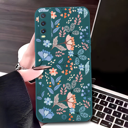 Vivo Y20 Cover - Dark Green - D1 - ONation Floral Series - HQ Liquid Silicone Soft Case