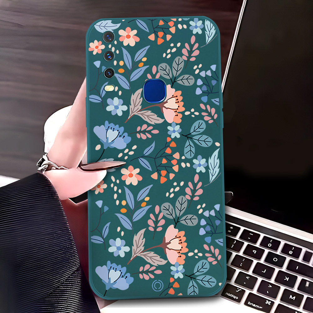 Vivo Y12a Cover - Dark Green - D1 - ONation Floral Series - HQ Liquid Silicone Soft Case