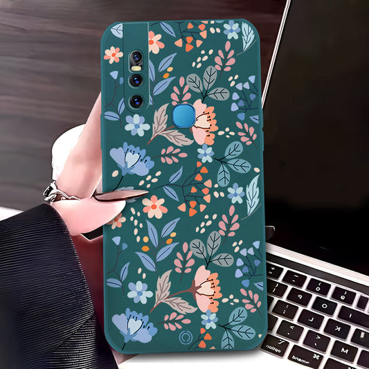 Vivo V15 Cover - Dark Green - D1 - ONation Floral Series - HQ Liquid Silicone Soft Case