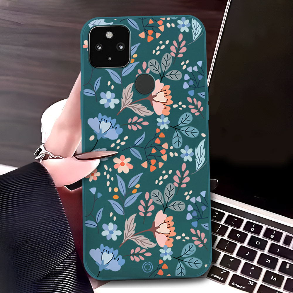 Google Pixel 4a 5G Cover - Dark Green - D1 - ONation Floral Series - HQ Liquid Silicone Soft Case