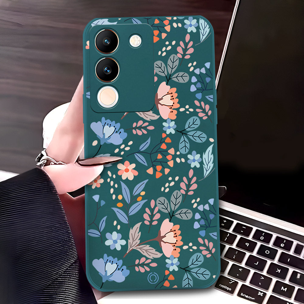 Vivo V29e Cover - Dark Green - D1 - ONation Floral Series - HQ Liquid Silicone Soft Case