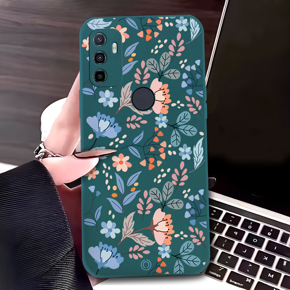 Oppo A32 Cover - Dark Green - D1 - ONation Floral Series - HQ Liquid Silicone Soft Case