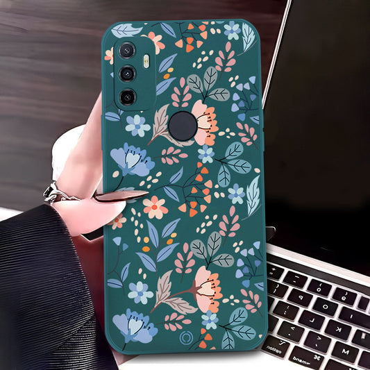 Oppo A32 Cover - Dark Green - D1 - ONation Floral Series - HQ Liquid Silicone Soft Case