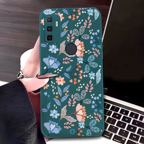 Oppo A32 Cover - Dark Green - D1 - ONation Floral Series - HQ Liquid Silicone Soft Case