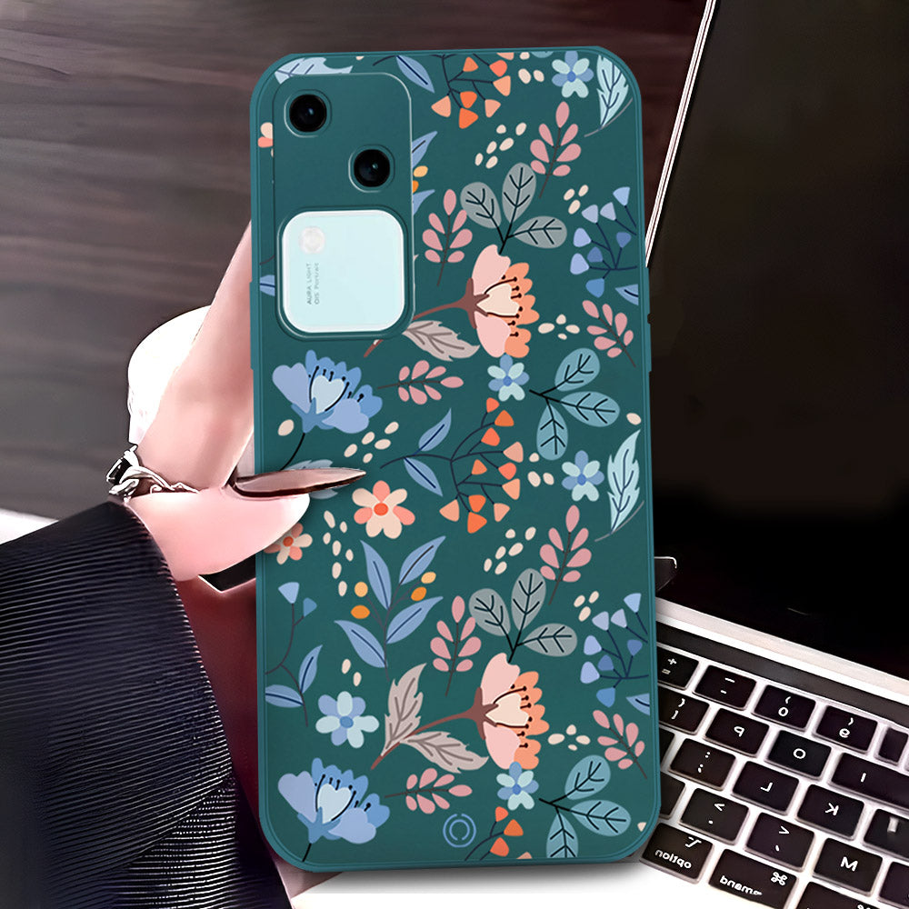 Vivo V30 Cover - Dark Green - D1 - ONation Floral Series - HQ Liquid Silicone Soft Case