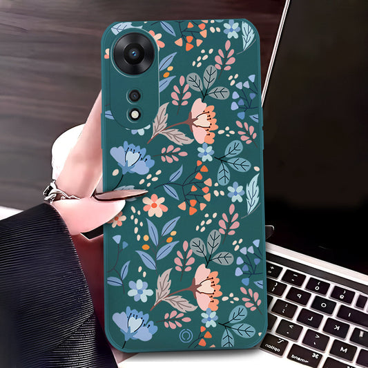 Oppo A58 4G Cover - Dark Green - D1 - ONation Floral Series - HQ Liquid Silicone Soft Case