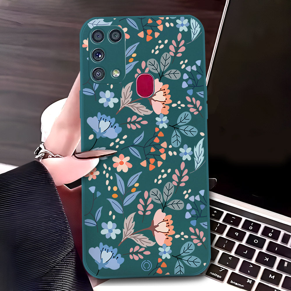 Samsung Galaxy M31 Cover - Dark Green - D1 - ONation Floral Series - HQ Liquid Silicone Soft Case