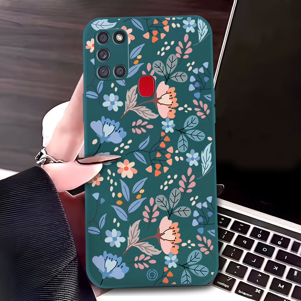 Samsung Galaxy A21s Cover - Dark Green - D1 - ONation Floral Series - HQ Liquid Silicone Soft Case