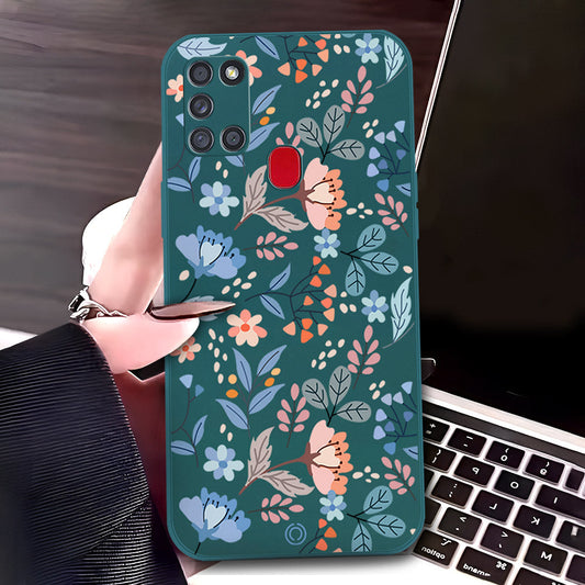 Samsung Galaxy A21s Cover - Dark Green - D1 - ONation Floral Series - HQ Liquid Silicone Soft Case