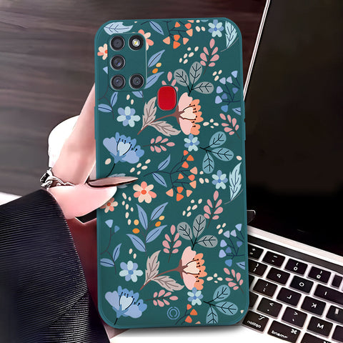 Samsung Galaxy A21s Cover - Dark Green - D1 - ONation Floral Series - HQ Liquid Silicone Soft Case