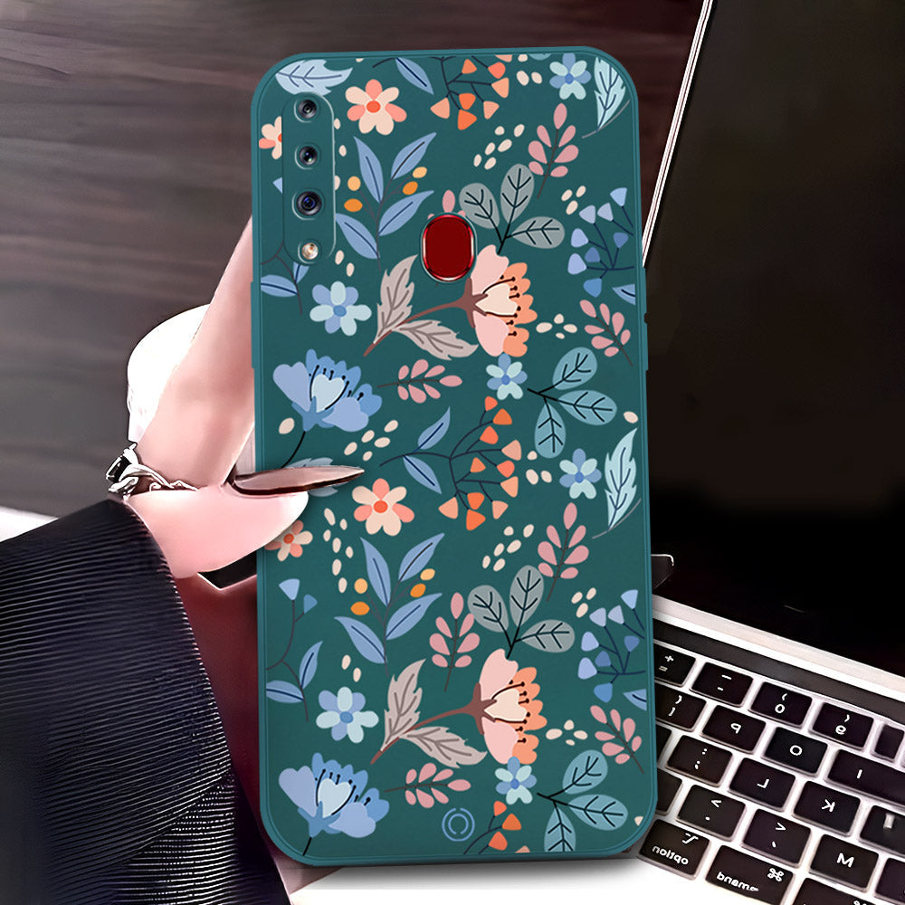 Samsung Galaxy A20s Cover - Dark Green - D1 - ONation Floral Series - HQ Liquid Silicone Soft Case