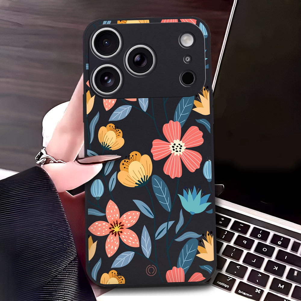iPhone 17 Pro Cover - Black - D2 - ONation Floral Series - HQ Liquid Silicone Soft Case