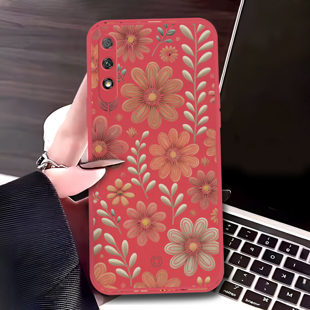 Honor 9x (China) Cover - Red - D4 - ONation Floral Series - HQ Liquid Silicone Soft Case