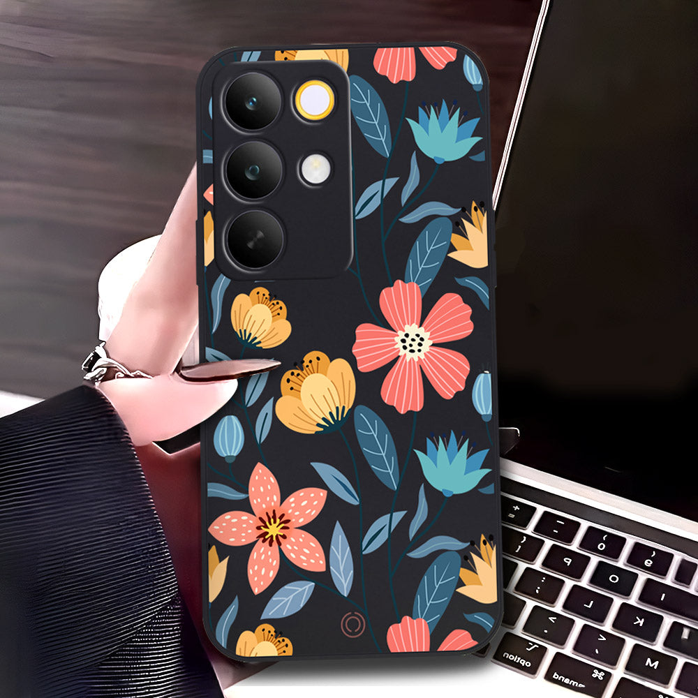 Realme C85 Cover - Black - D1 - ONation Floral Series - HQ Liquid Silicone Soft Case