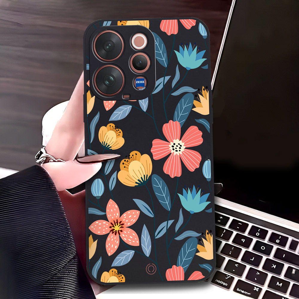 Vivo V70 Cover - Black - D1 - ONation Floral Series - HQ Liquid Silicone Soft Case