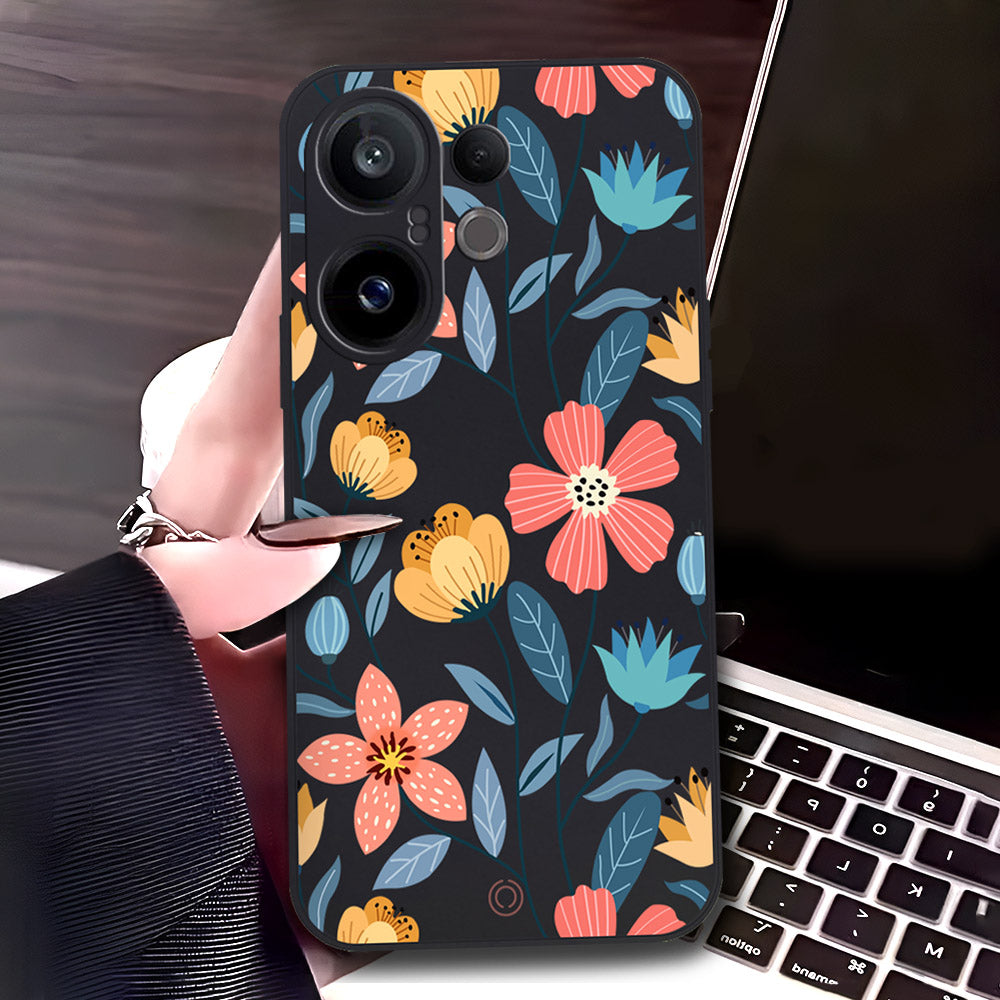 Vivo X200 FE Cover - Black - D1 - ONation Floral Series - HQ Liquid Silicone Soft Case