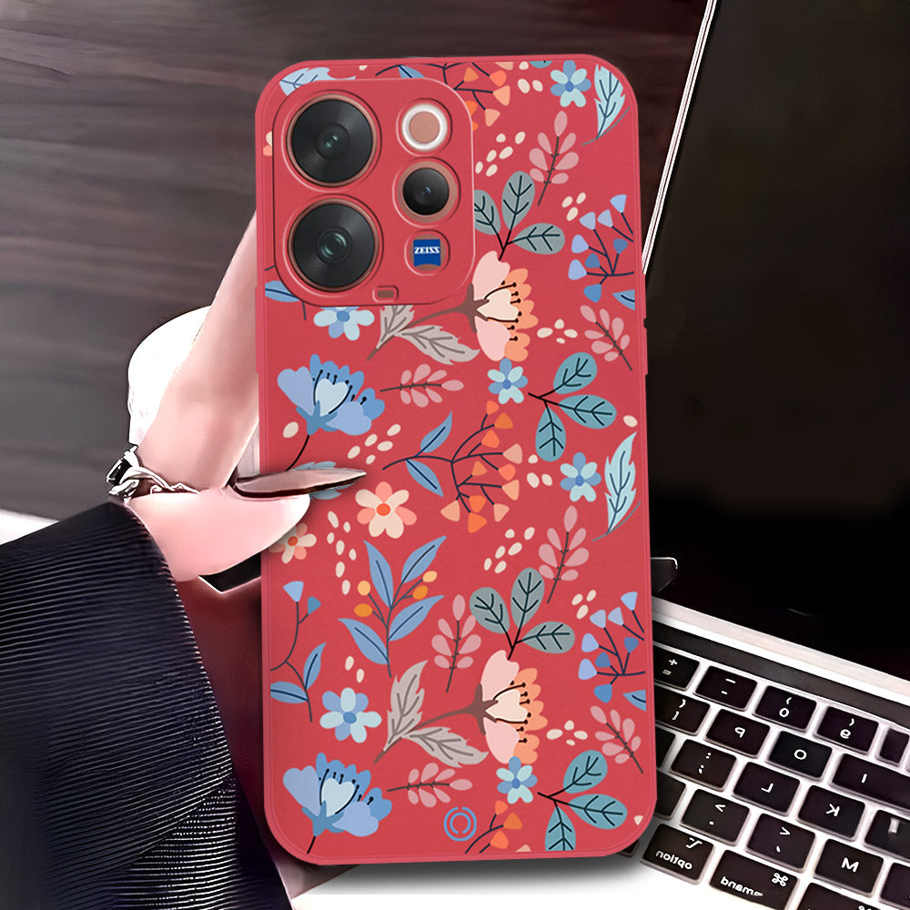 vivo V70 Elite Cover - Red - D2 - ONation Floral Series - HQ Liquid Silicone Soft Case