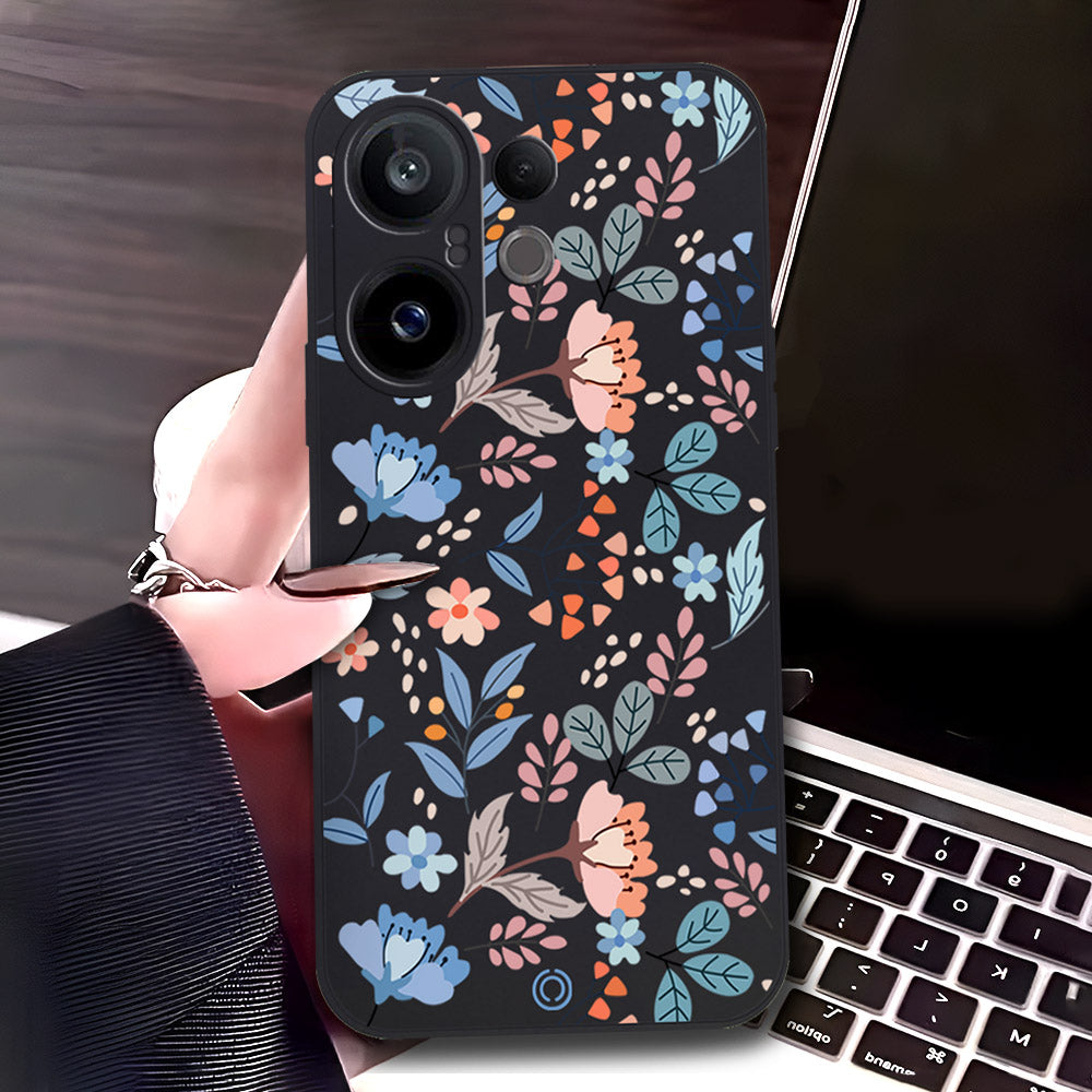 Vivo X200 FE Cover - Black - D2 - ONation Floral Series - HQ Liquid Silicone Soft Case