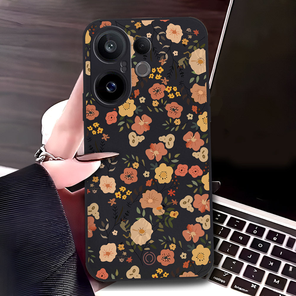 Vivo X200 FE Cover - Black - D3 - ONation Floral Series - HQ Liquid Silicone Soft Case