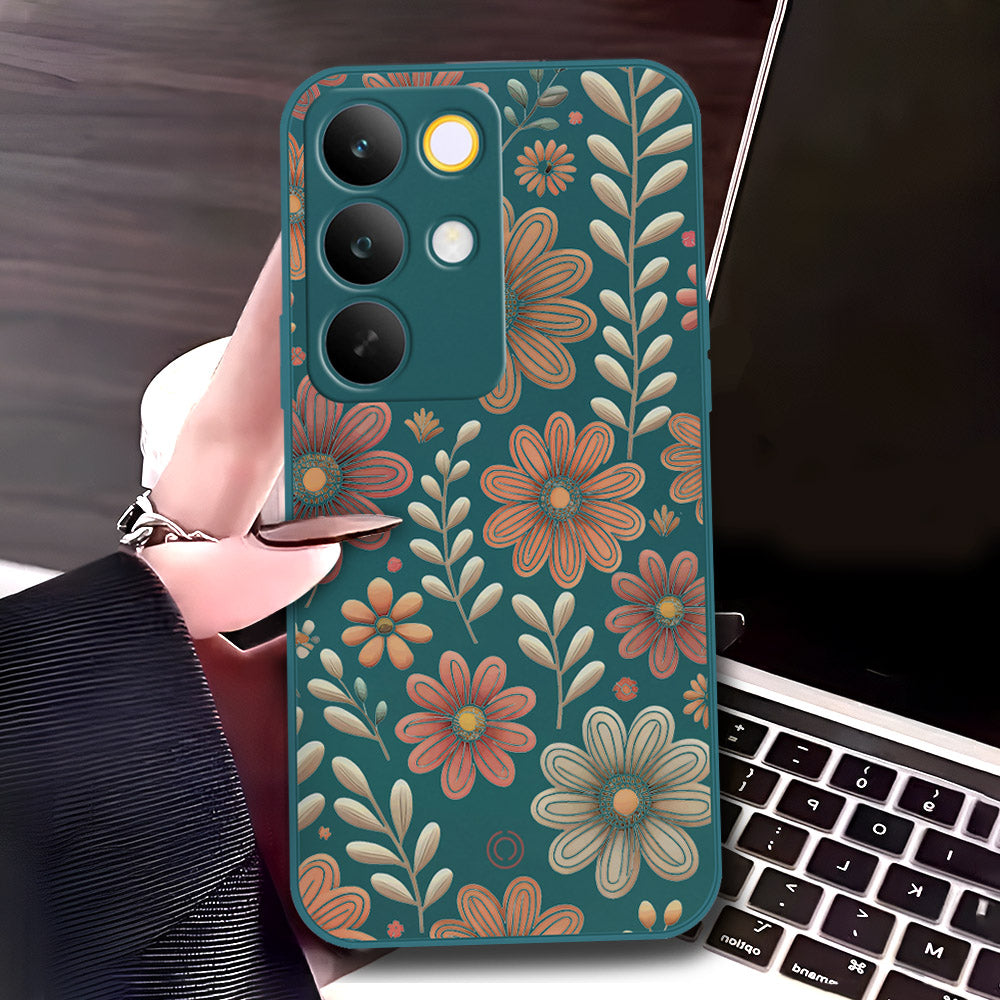 Realme C85 Cover - Dark Green - D4 - ONation Floral Series - HQ Liquid Silicone Soft Case