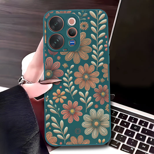 Vivo S50 Cover - Dark Green - D4 - ONation Floral Series - HQ Liquid Silicone Soft Case