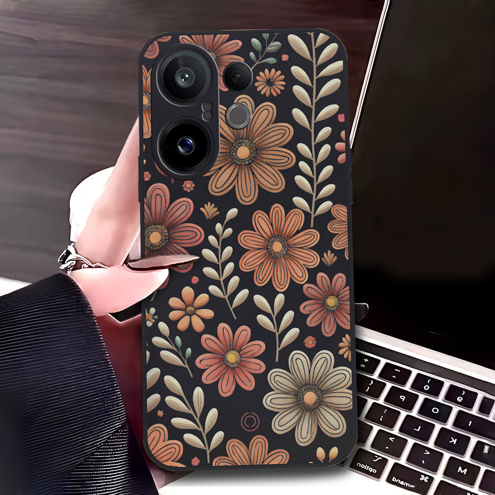 Vivo X200 FE Cover - Black - D4 - ONation Floral Series - HQ Liquid Silicone Soft Case